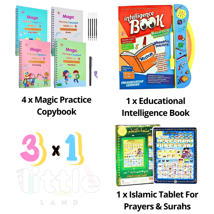 4 x Sank Magic Practice Copybook + 1 x Educational Intelligence Book For Study + 1 x Islamic Tablet For Surahs & Prayers - 3 in 1